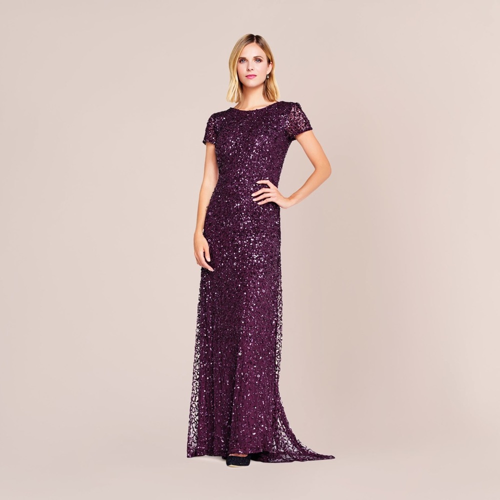 Adrianna Papell Scoop Back Sequin Gown Purple‎ Cabernet Size 14